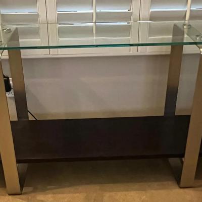 Modern Console Table with Glass Top, Brushed Nickel Supports + Dark Shelf