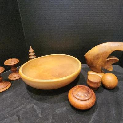Hand-Turned Wooden Collection Includes Bowl And Fish Sculpture