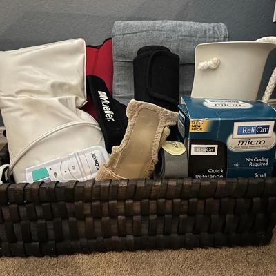 Medical Equipment ReliOn Glucose Monitor, Conair Heating Pad, Braces, Sock Aid, Wedge Pillow, Basket