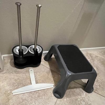 Rubbermaid Plastic Step Stool, Plunger & Brush Set, Squigee 