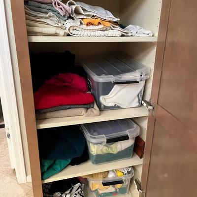 Lower Linen Closet - Towels, Sweaters, Wallet, Socks, Clear Bins 