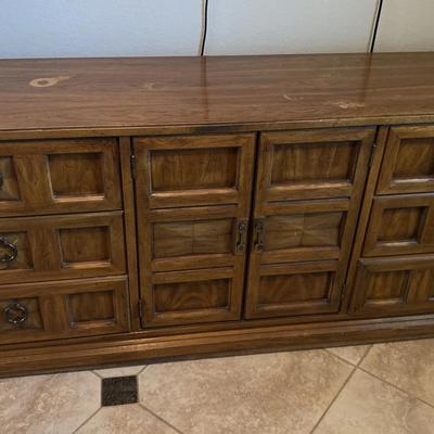 MCM Long Solid Wood Dresser With Six Drawers And Double Doors In The Center With Three More Drawers