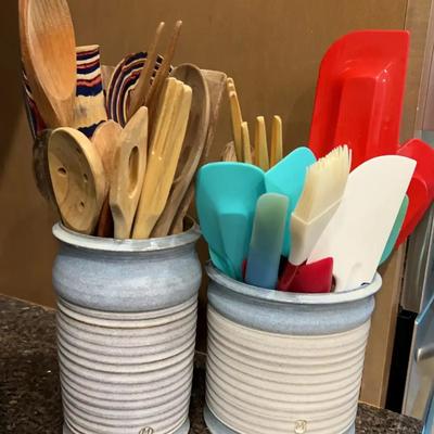 Wooden Spoons And Spatulas In Hand made Pottery