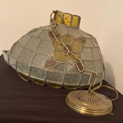 Vintage Stained Glass Hanging Light Fixture – Green & Gold