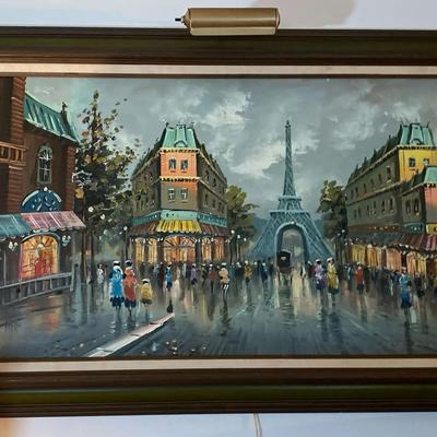 Framed Parisian Street Scene Oil Painting with Light