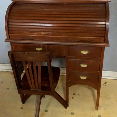 Vintage Wooden Roll Top Desk with Matching Swivel Chair