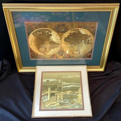 Framed Gold Foil World Map & Suspension Bridge Art