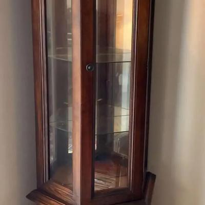 Lighted Wooden Corner Curio Cabinet with Glass Shelves