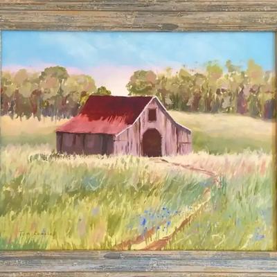 “Rustic Barn Landscape” Painting by Tom Campbell in Wooden Frame