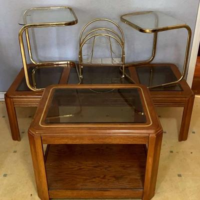 Glass-Top Coffee Table, Wood End Table & Brass Accent Side Tables with Magazine Rack