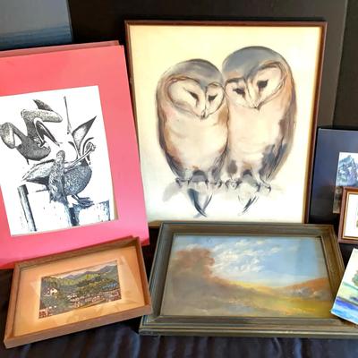Art Collection Featuring Large Owl Print, Pelican Illustration & Vintage Landscape