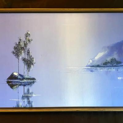 Original Blue Landscape Painting in Black and Gold Frame