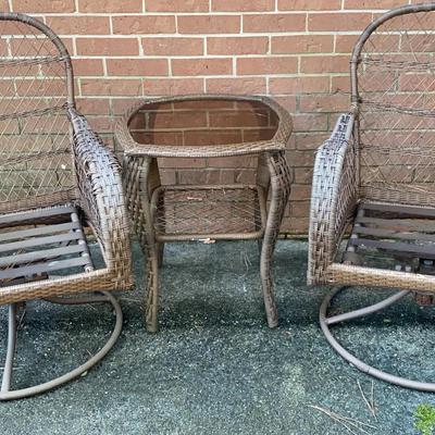 Wicker-Style Swivel Chairs with Matching Glass-Top Table