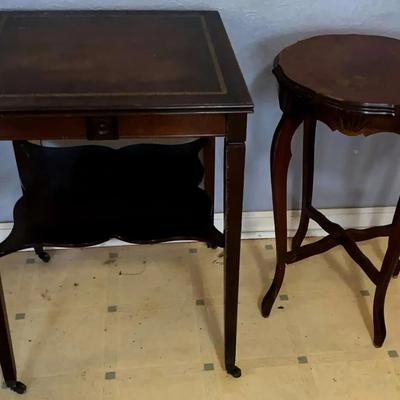 Vintage Dark Wood Side Tables on Wheels and Carved Accent