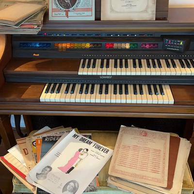 Lowrey M-375 Electric Organ with Bench & Vintage Sheet Music Collection