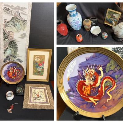 Asian-Inspired Decor Collection with Ceramic Vases, Teapot & Wall Art