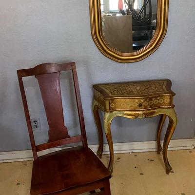 Vintage Wooden Chair, Italian-Style Gilt Accent Table & Gold-Framed Mirror