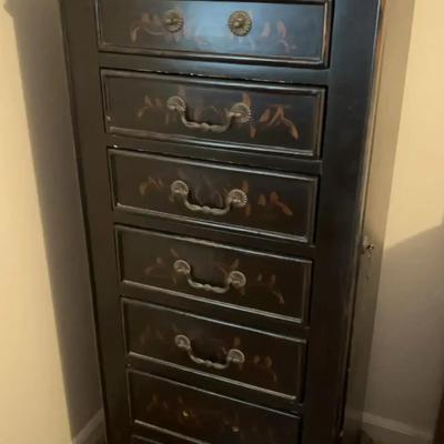 Dark Wood Jewelry Armoire with Floral Detailing