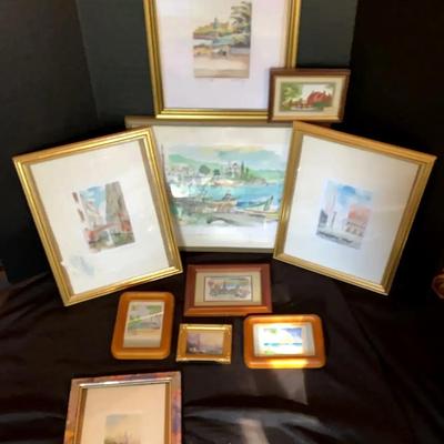Collection of Artist-Signed Watercolor Paintings in Wooden Frames
