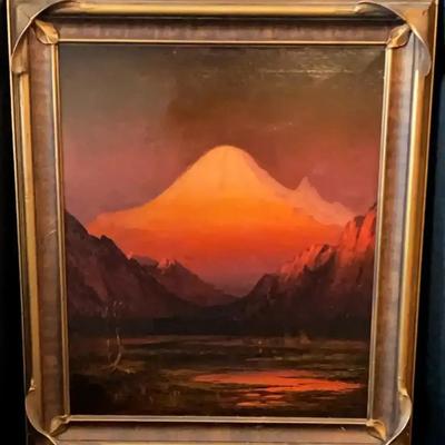 James Everett Stuart (1852–1941) Signed Oil “Sunset Glow, Mt. Tacoma” – 25"W × 30"H