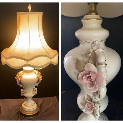 Porcelain Floral Lamp with Applied Roses and Scalloped Shade
