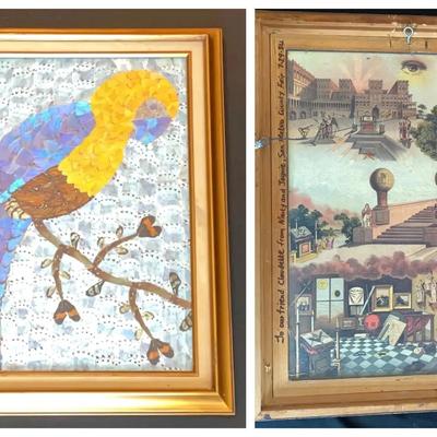 Butterfly Wing Parrot Artwork on Vintage Masonic Print Backing