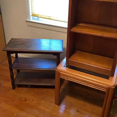 Pair of Small Wooden Shelves and Glass-Top Side Table