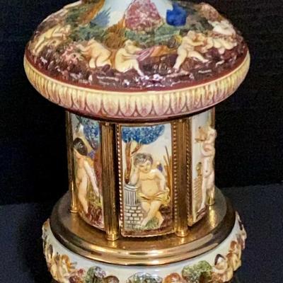 Italian Capodimonte-Style Reuge Swiss Musical Carousel with Cherubs
