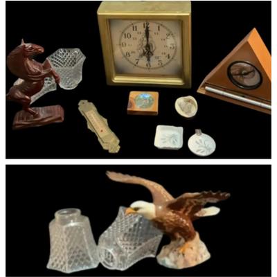 Vintage Clocks & Decorative Figurines Featuring Ceramic Eagle & Wooden Horse