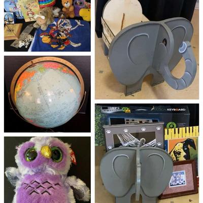 Toy Collection Featuring Plush Toys, Globe & Elephant Shelf with 54-Key Keyboard
