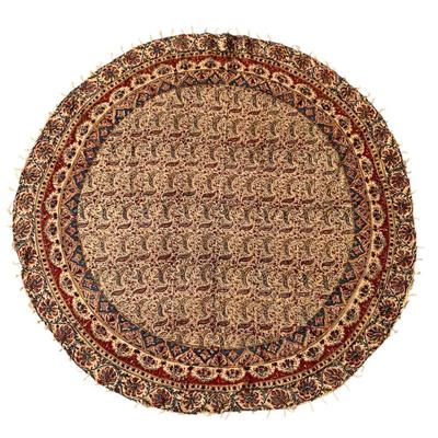 Sale Photo Thumbnail #21: Round antique Arabic linen tablecloth, hand printed Ghalamkar. 56” diam.
