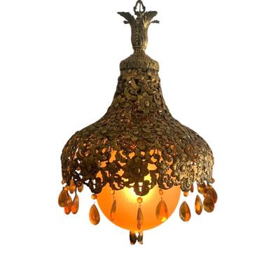 Sale Photo Thumbnail #7: 1980’s hanging light with amber shade and prisms