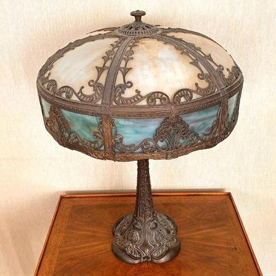 Sale Photo Thumbnail #47: Antique paneled slag glass table lamp with Art Nouveau base, unsigned