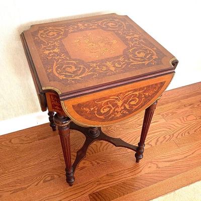 Sale Photo Thumbnail #39: Antique French marquetry drop-leaf table, excellent cond.