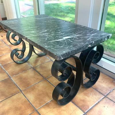 Sale Photo Thumbnail #10: Scrolled iron base table w/ marble top, 16x29”