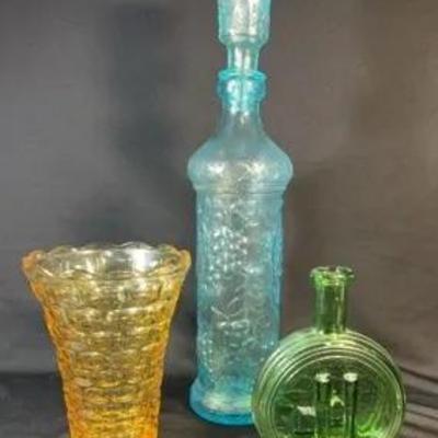 Empoli Decanters & Federal Amber Vase 