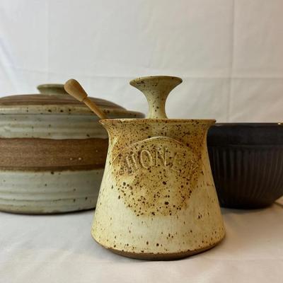 Covered Pottery Bowl, Honey Container And Decorative Bowl