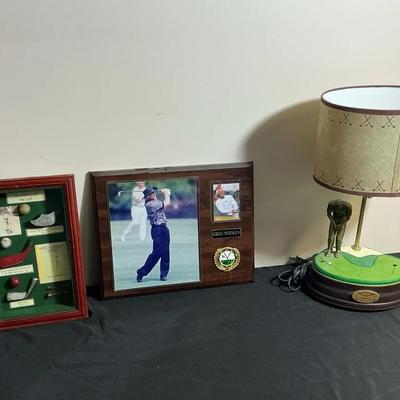 Golf Memorabilia Lot – Shadow Box, Greg Norman Plaque, and Golf Lamp