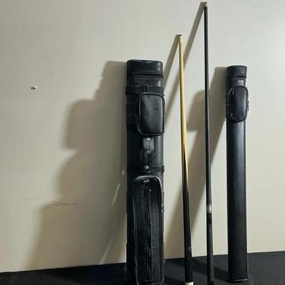Pair of Pool Cues with Two Leather Carrying Cases