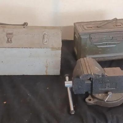 Garage Tool Lot – Hand Tools, Larin Bench Vise & Vintage Ammo Box
