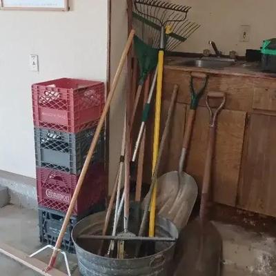 Large Galvanized Bushel, Vintage Milk Crates, Shovels, Rakes