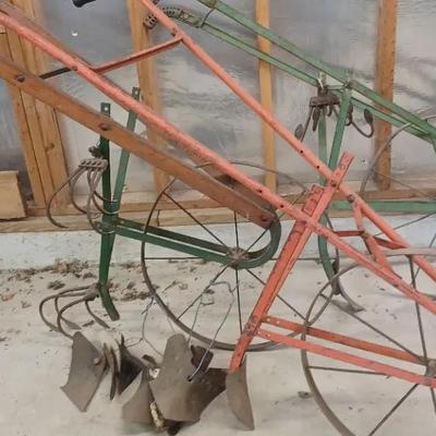 Lot of 3 Antique Farm Plows – Metal Wheel Hand-Push Cultivators