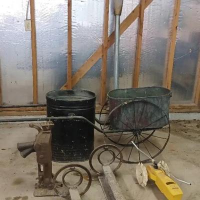 Metal Yard Art Lot – Vintage Parking Meter, Cart with Buckets, Iron Décor & Sprinkler