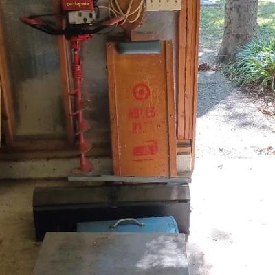 Earthquake Hole Digger (Untested), Creeper & 3 Boxes of Hand Tools