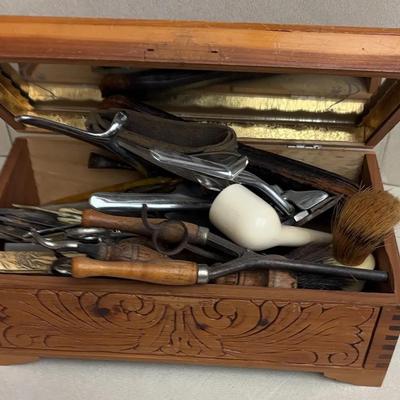 Antique Barber and Shaving Tools in Carved Wooden Box – Razors, Brushes & Scissors