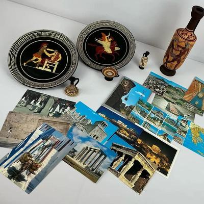 Greek-themed souvenirs and postcards.