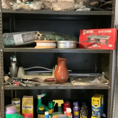 Garden and Pest Control Supplies on Metal Storage Shelf