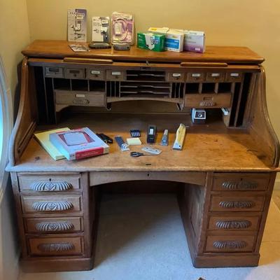 Antique Oak Roll-Top Desk with Office Supplies