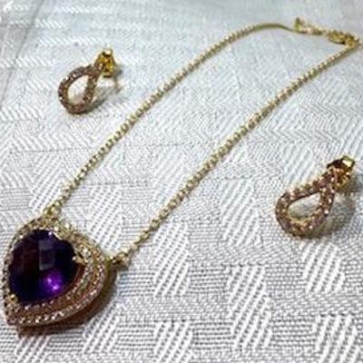 DJoy African Amethyst Pendant & CZ Earrings 