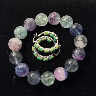 Green Turquoise Earrings & Multi Flourit Bracelet (2)